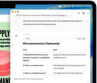 Na ekranie laptopa wyświetlona jest aplikacja z fiszkami dotyczącymi mikroekonomii. Widoczny jest tekst: \'Microeconomics Flashcards\' oraz przykładowe pytania i odpowiedzi.