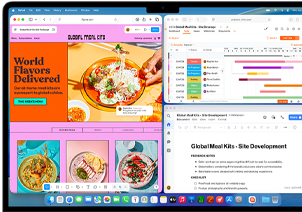 Ekran laptopa wyświetla kilka otwartych okien aplikacji, w tym stronę internetową z kolorowymi grafikami i tekstem \'World Flavors Delivered\', arkusz kalkulacyjny oraz dokument tekstowy. Widoczny jest interfejs systemu macOS z ikonami aplikacji na górnym pasku.
