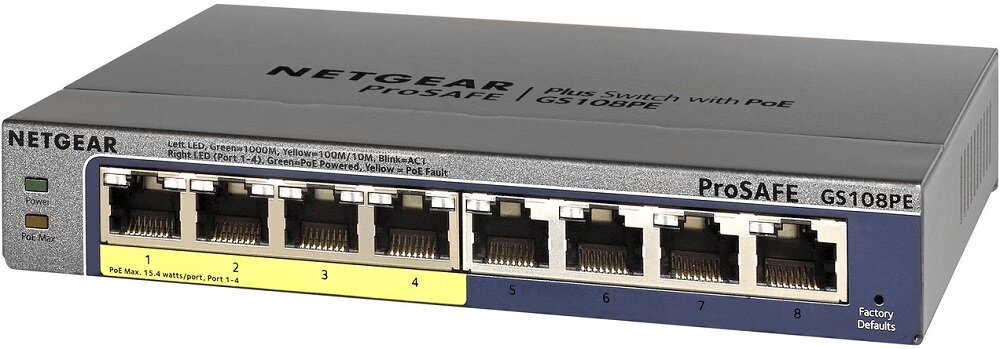 Switch NETGEAR GS108PE - MTBF dostępne złącza 8 portów RJ-45 architektura Gigabit Ethernet szybkość przekierowań pakietów
