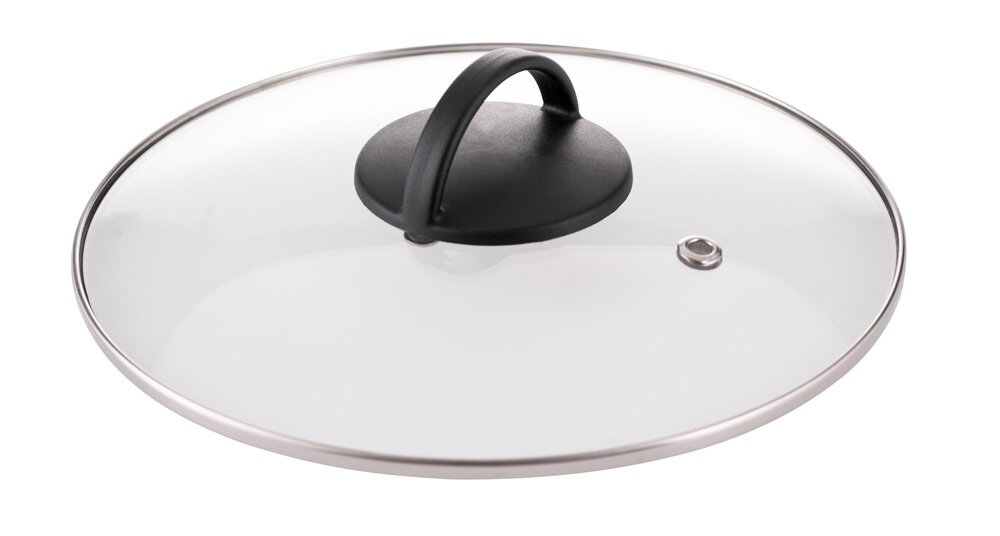 Szklana pokrywa z metalowym rantem i czarnym uchwytem, posiada otwór wentylacyjny.