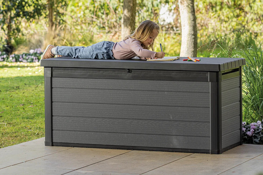 Skrzynia ogrodowa KETER Cortina Box 570 L funkcjonalny produkt schowek dodatkowe miejsce do siedzenia dla dwoch osob udzwig do 300 kg