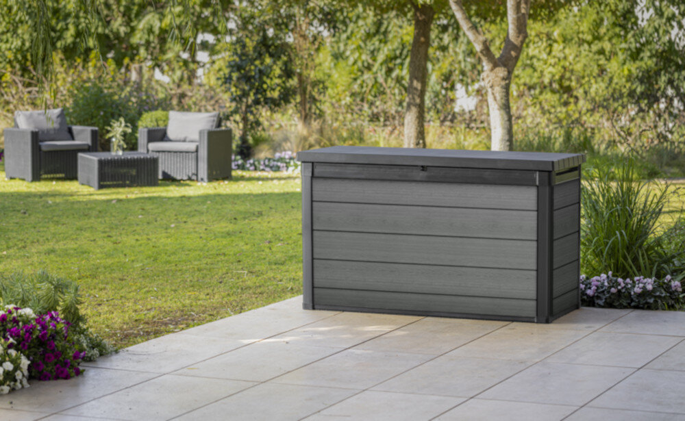 Skrzynia ogrodowa KETER Cortina Box 570 L estetyczne wykonczenie wytrzymale materialy wysoka odpornosc na skrajne warunki atmosferyczne nie odbarwia sie