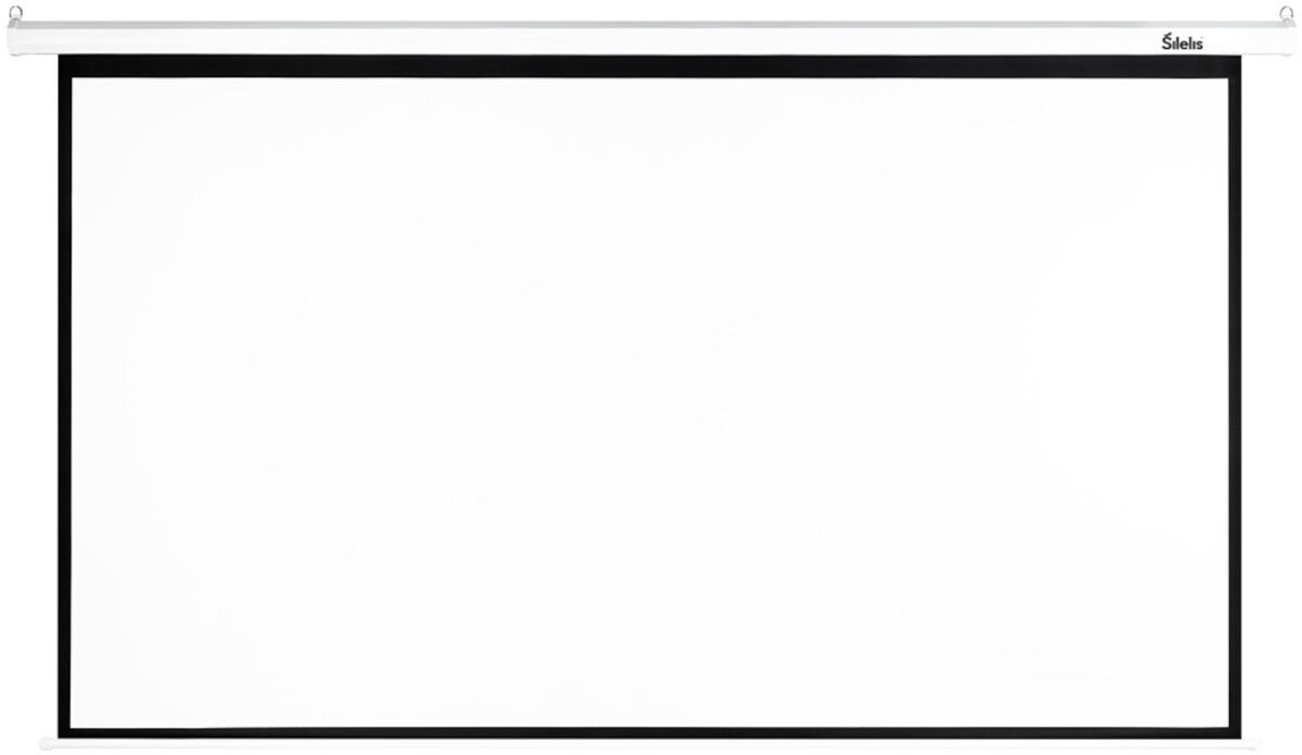 Ekran projekcyjny z białą powierzchnią i czarną ramką. Na górnej części widoczne jest logo \'Silelis\'.