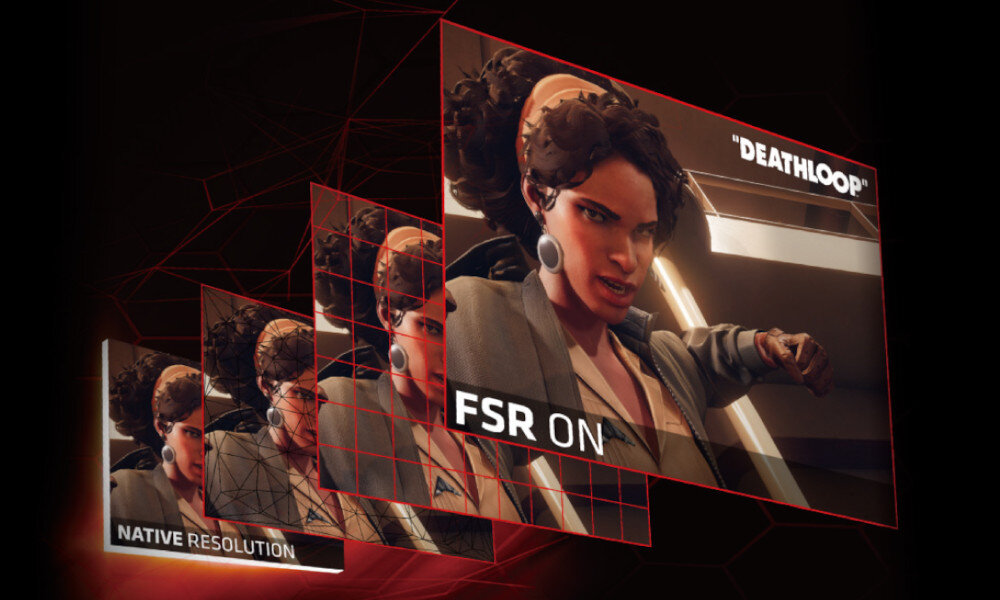 Obraz przedstawia cztery zrzuty ekranu z gry \'DEATHLOOP\', z napisem \'FSR ON\' na największym z nich. Widoczna jest postać kobiety w dynamicznej pozie, a w tle geometryczne wzory.