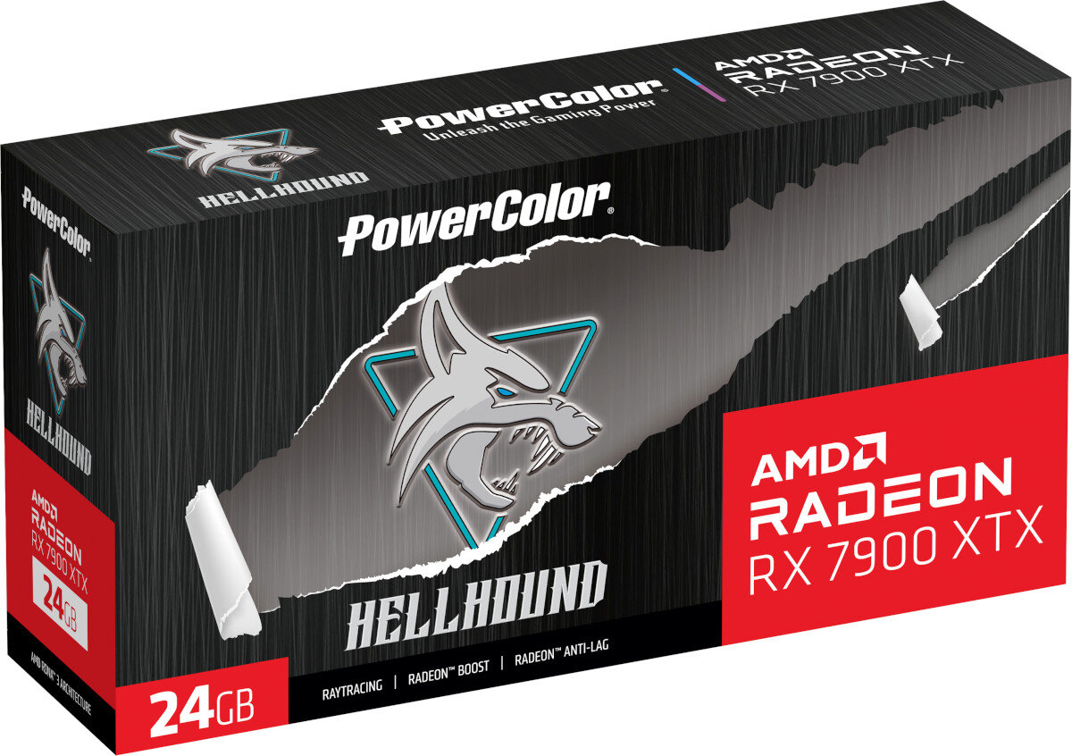 Opakowanie karty graficznej z logo PowerColor i napisem \'Hellhound\'. Widoczny tekst: \'AMD Radeon RX 7900 XTX\', \'24GB\', \'Raytracing\', \'Radeon Boost\', \'Radeon Anti-Lag\'.