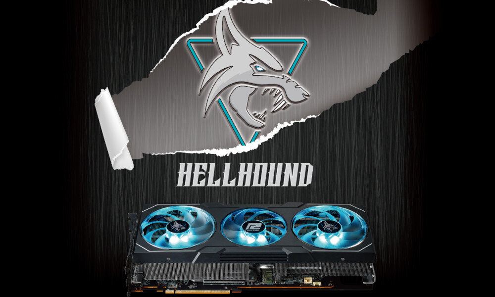 Obraz przedstawia kartę graficzną z trzema wentylatorami, podświetlonymi na niebiesko. W tle widoczne jest logo wilka oraz napis \'HELLHOUND\'.