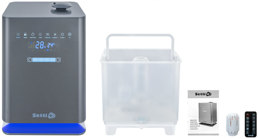 Na zdjęciu widoczny jest nawilżacz ultradźwiękowy z wyświetlaczem pokazującym temperaturę 20.2°C oraz kilka ikon funkcyjnych. Obok znajduje się przezroczysty pojemnik, instrukcja obsługi, mały element oraz pilot zdalnego sterowania z logo Setti+.