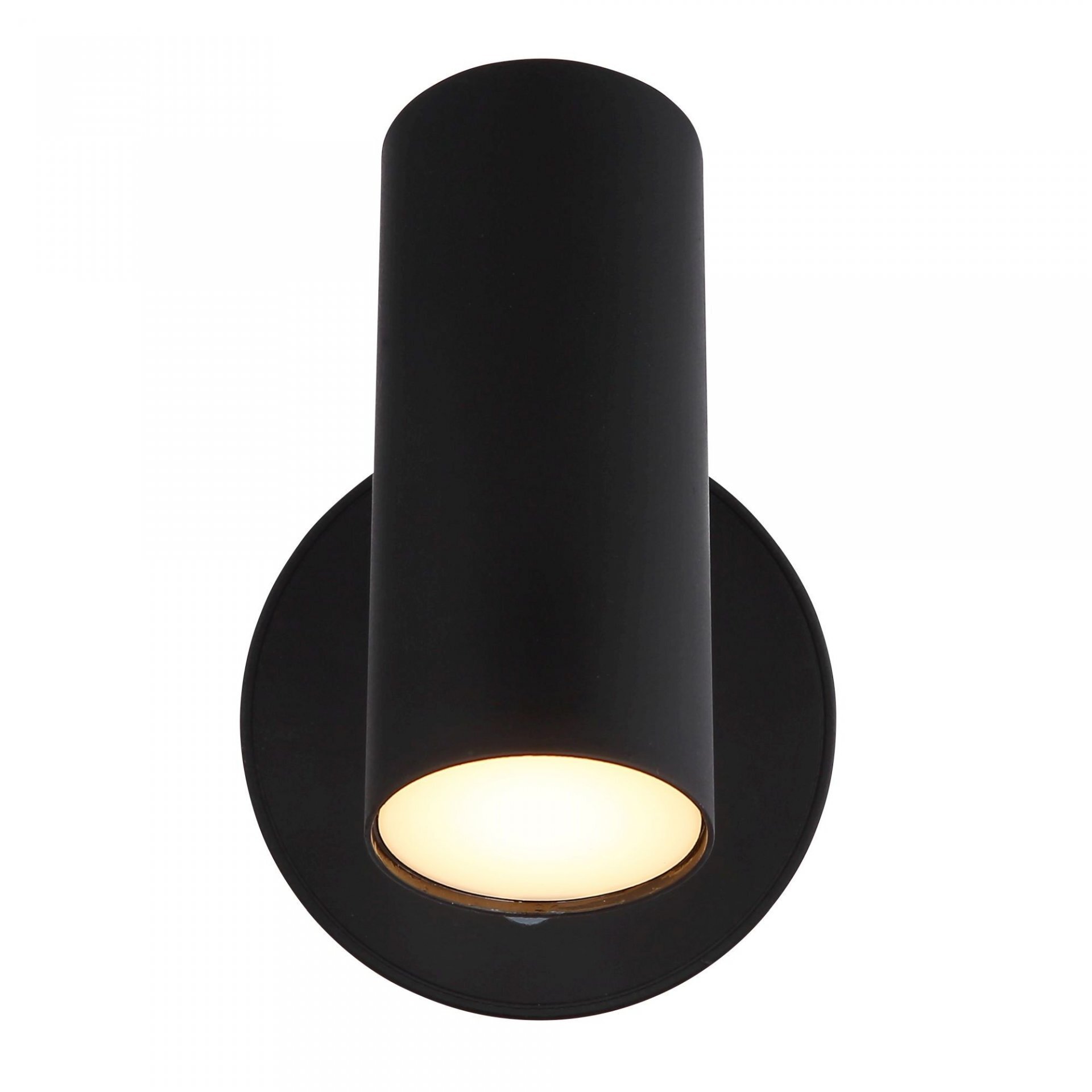 Czarna lampa reflektorowa o cylindrycznym kształcie, zamontowana na okrągłej podstawie, emitująca światło z dolnej części.