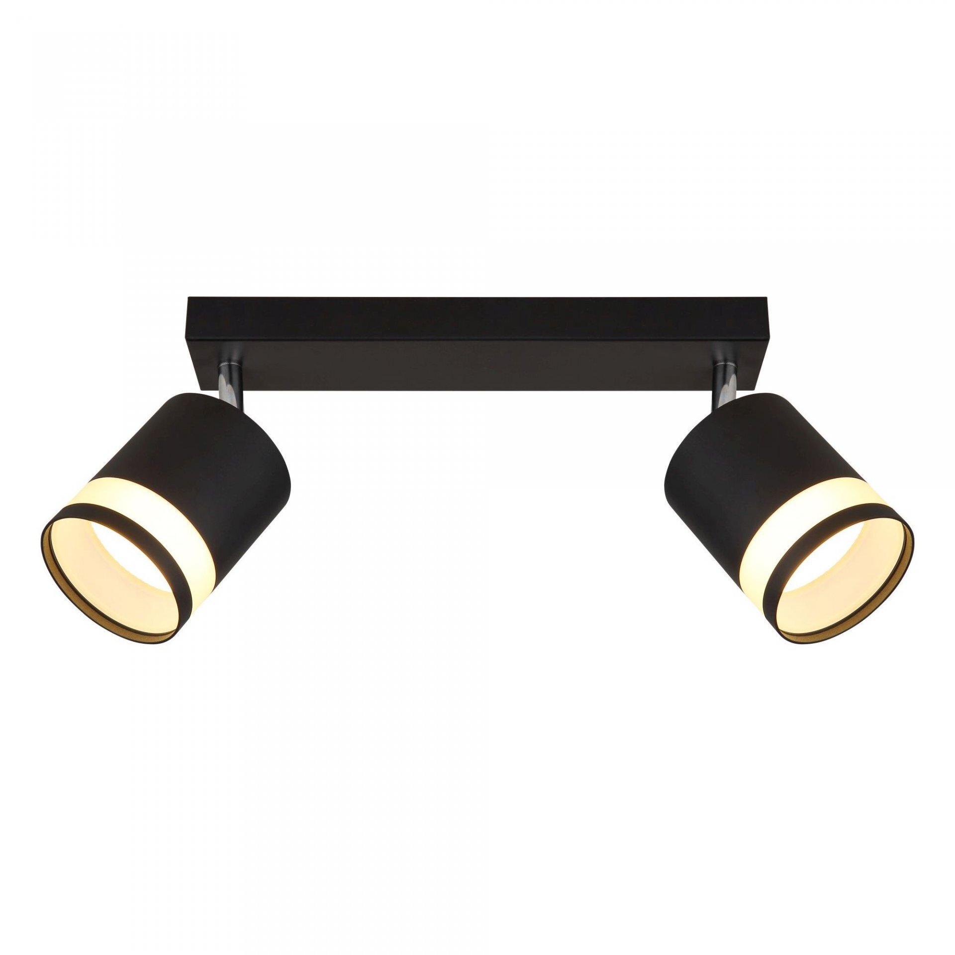 Czarna lampa sufitowa z dwoma regulowanymi reflektorami o cylindrycznym kształcie, emitującymi ciepłe światło. Reflektory są zamontowane na prostokątnej podstawie.
