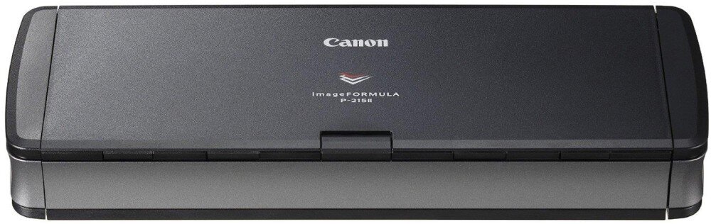 Na obrazie widoczny jest skaner w kolorze czarnym z logo \'Canon\' oraz napisem \'ImageFORMULA P-215II\' na górnej części obudowy.