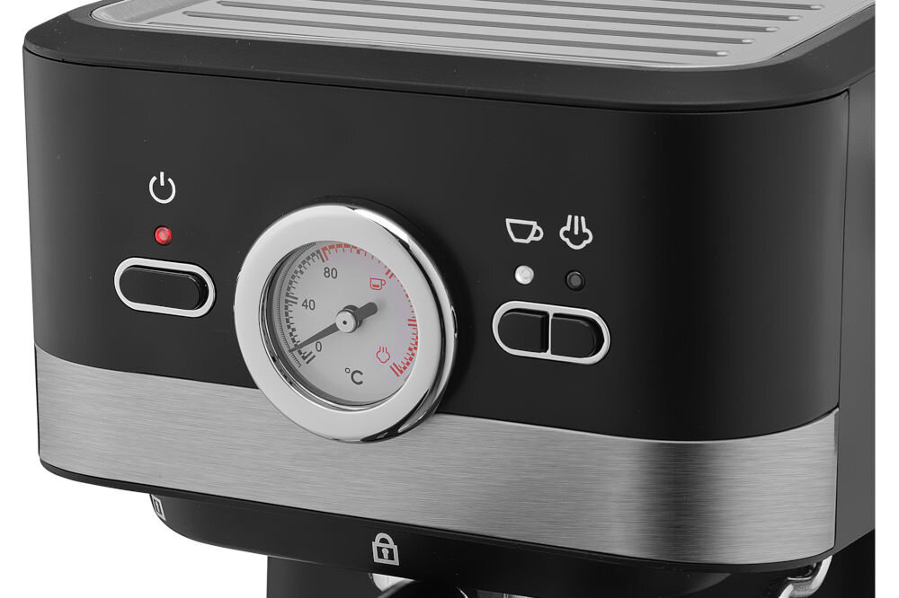 Czarny ekspres do kawy z metalicznymi elementami, posiada okrągły wskaźnik temperatury w stopniach Celsjusza oraz przyciski z ikonami filiżanki i pary.