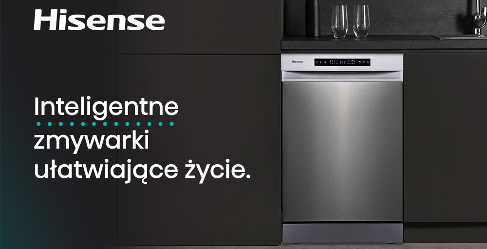 Na obrazie widoczna jest zmywarka w zabudowie kuchennej z panelem sterowania na górze. Obok znajduje się tekst: \'Inteligentne zmywarki ułatwiające życie.\'