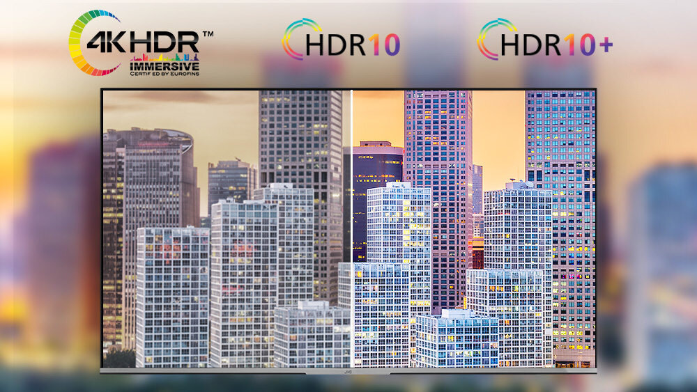 Obraz przedstawia ekran telewizora z wyświetlonym widokiem miejskim, z wysokimi budynkami. Na górze widoczne są logotypy: \'4K HDR IMMERSIVE\', \'HDR 10\', \'HDR 10+\'.
