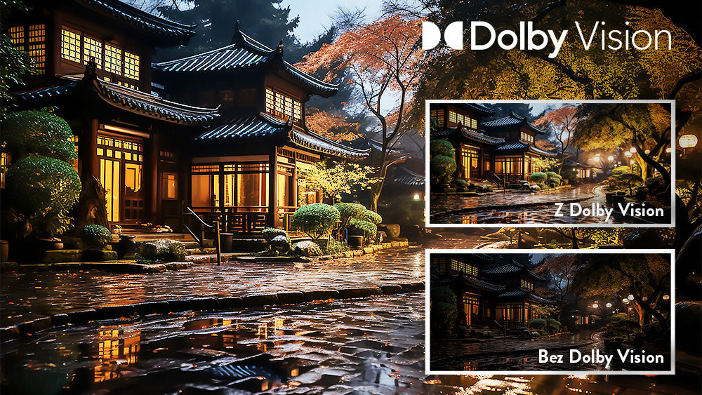 Obraz przedstawia tradycyjny budynek otoczony drzewami i oświetlony ciepłym światłem. W prawym górnym rogu widoczne jest logo \'Dolby Vision\' oraz dwa porównawcze obrazy z podpisami \'Z Dolby Vision\' i \'Bez Dolby Vision\'.