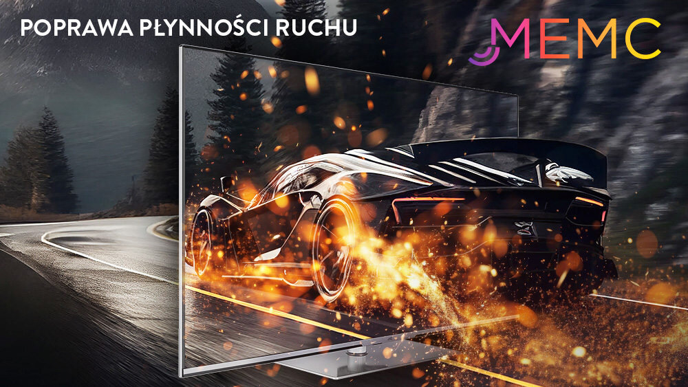 Obraz przedstawia telewizor wyświetlający dynamiczną scenę z wyścigowym samochodem na zakręcie, otoczonym efektami świetlnymi. Na ekranie widoczny jest tekst: \'POPRAWA PŁYNNOŚCI RUCHU MEMC\'.