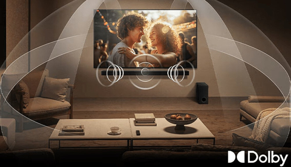 Telewizor LG 85QNED93A6A Dolby Atmos dźwięk przestrzenny immersja, telewizor z soundbarem powieszony na ścianie z ktorych wydobywa się dźwięk