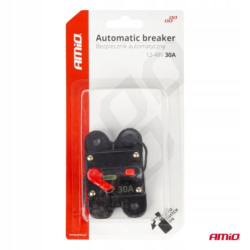 Opakowanie z bezpiecznikiem samochodowym AMiO, oznaczone jako \'Automatic breaker Bezpiecznik automatyczny 12-48V 30A\'. Widoczne logo AMiO oraz napis \'RESET\' na produkcie.