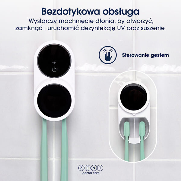 Na obrazie widoczny jest biały uchwyt na szczoteczki z funkcją sterylizacji UV, zamontowany na ścianie z płytkami. Tekst na obrazie: \'Bezdotykowa obsługa Wystarczy machnięcie dłonią, by otworzyć, zamknąć i uruchomić dezynfekcję UV oraz suszenie\', \'Sterowanie gestem\', \'ZENT dental care\'.