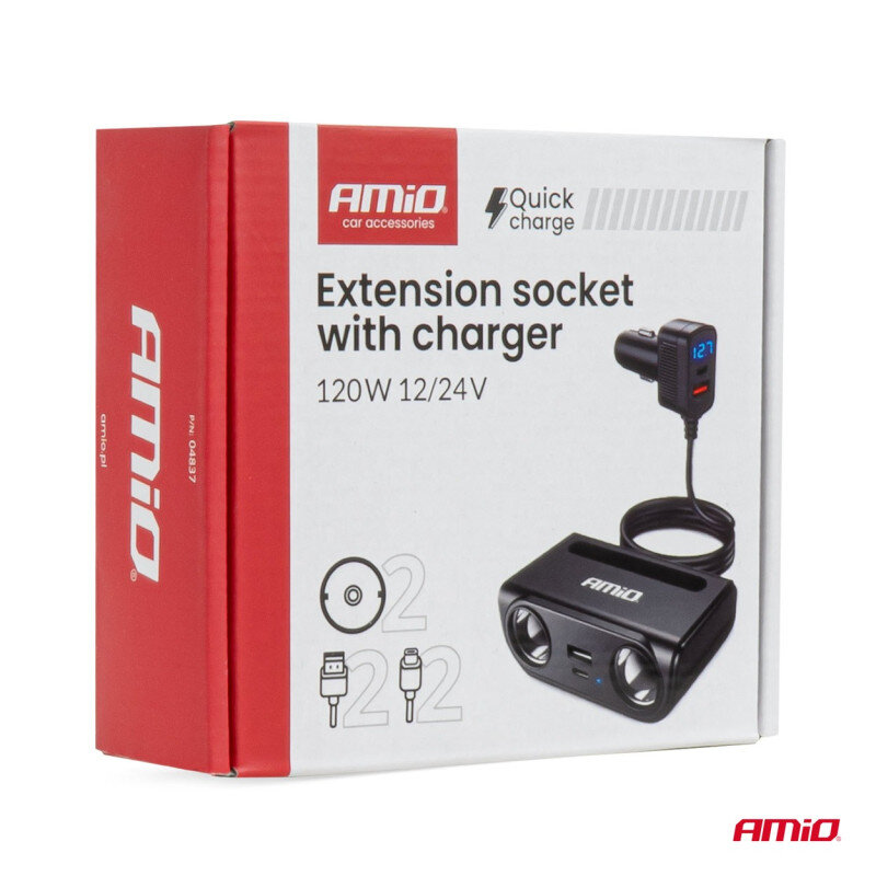 Opakowanie produktu z logo AMiO, przedstawiające rozgałęziacz gniazda zapalniczki z ładowarką. Widoczny jest tekst: \'Extension socket with charger 120W 12/24V\'.