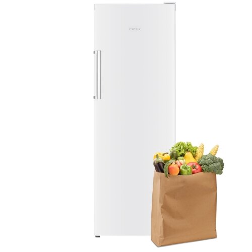 Zamrażarka, obok papierowa torba wypełniona owocami i warzywami.