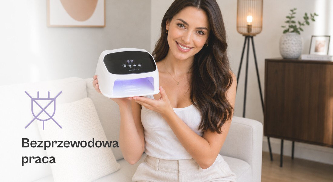 Osoba trzyma lampę UV/LED do paznokci z wyświetlaczem cyfrowym, emitującą fioletowe światło. Obok znajduje się napis \'Bezprzewodowa praca\' oraz symbol przypominający sieć elektryczną.