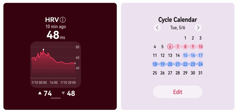 Po lewej stronie widoczny jest wykres HRV z wartością 48 ms, a po prawej kalendarz cyklu z zaznaczonymi datami i przyciskiem \'Edit\'.