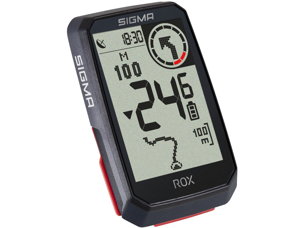 Licznik rowerowy z wyświetlaczem pokazującym czas 18:30, symbol strzałki, wartość 24,6 oraz ikonę baterii. Na obudowie widoczne jest logo SIGMA i napis ROX.