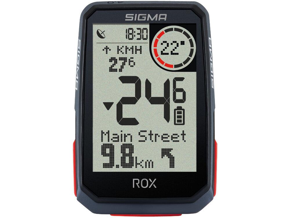 Licznik rowerowy z wyświetlaczem pokazującym czas 18:30, prędkość 24.6 km/h, nazwę ulicy \'Main Street\' oraz dystans 9.8 km. Na ekranie widoczne są także symbole kierunku i poziomu naładowania baterii, a na obudowie logo \'SIGMA\' i \'ROX\'.