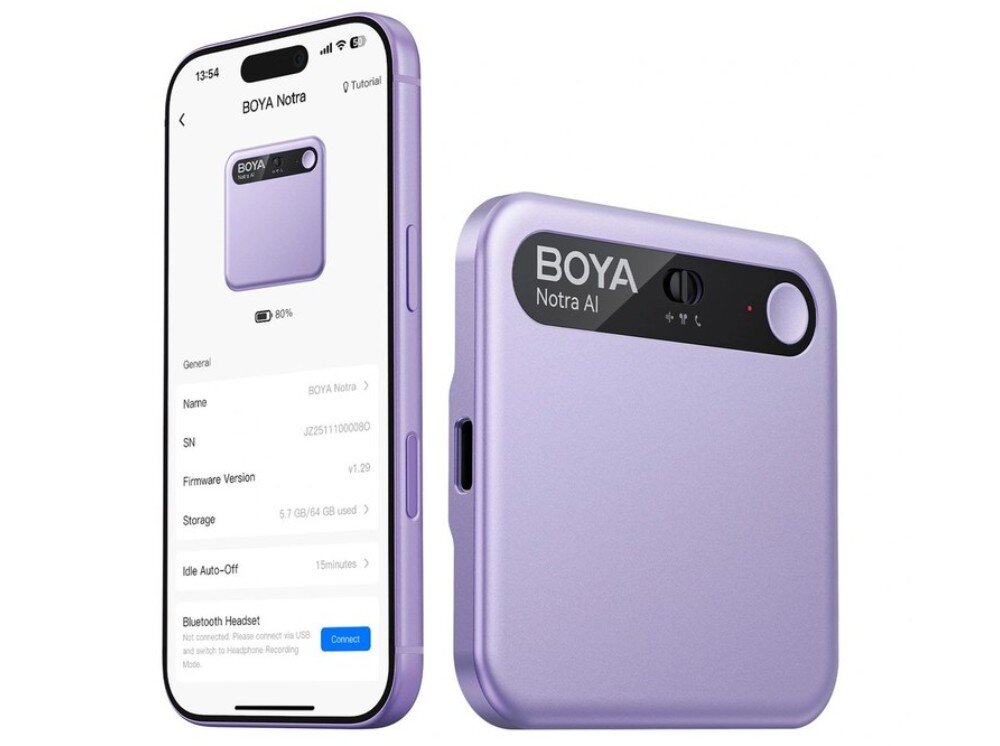 Dyktafon AI BOYA Notra Szary Grafika produktowa przedstawiająca fioletowy smartfon z uruchomioną aplikacją o nazwie 'BOYA Notra' pokazującą stan baterii '80%' oraz parametry pamięci '5.7 GB/64 GB used', a obok stoi fioletowe, kwadratowe urządzenie z przełącznikiem i diodą, wbudowana pamięć, bateria, czas działania