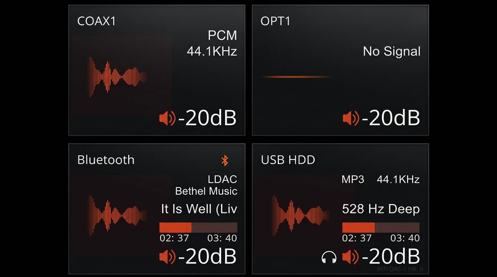 Obraz przedstawia cztery ekrany z informacjami audio: COAX1 z PCM 44.1KHz, OPT1 z komunikatem \'No Signal\', Bluetooth z utworem \'It Is Well (Live)\' od Bethel Music, oraz USB HDD z utworem \'528 Hz Deep\'. Każdy ekran pokazuje poziom głośności -20dB i wizualizację dźwięku.