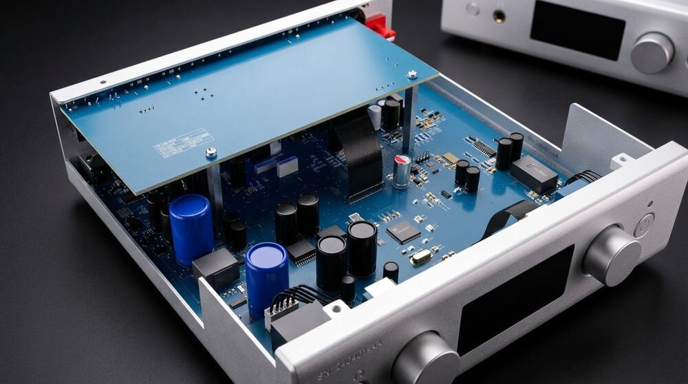 Obraz przedstawia otwarty przetwornik C/A z widocznymi elementami elektronicznymi na niebieskiej płytce drukowanej. Obudowa urządzenia jest srebrna z dwoma dużymi pokrętłami i wyświetlaczem na przednim panelu.
