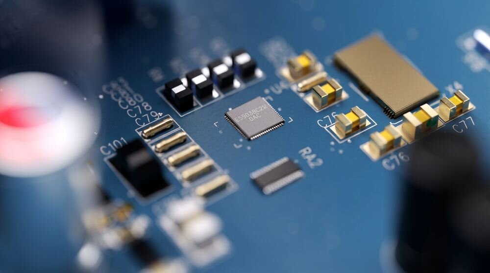 Zbliżenie na płytkę drukowaną z widocznymi elementami elektronicznymi, w tym układem scalonym oznaczonym jako \'SABRE32 9018K2M\'.