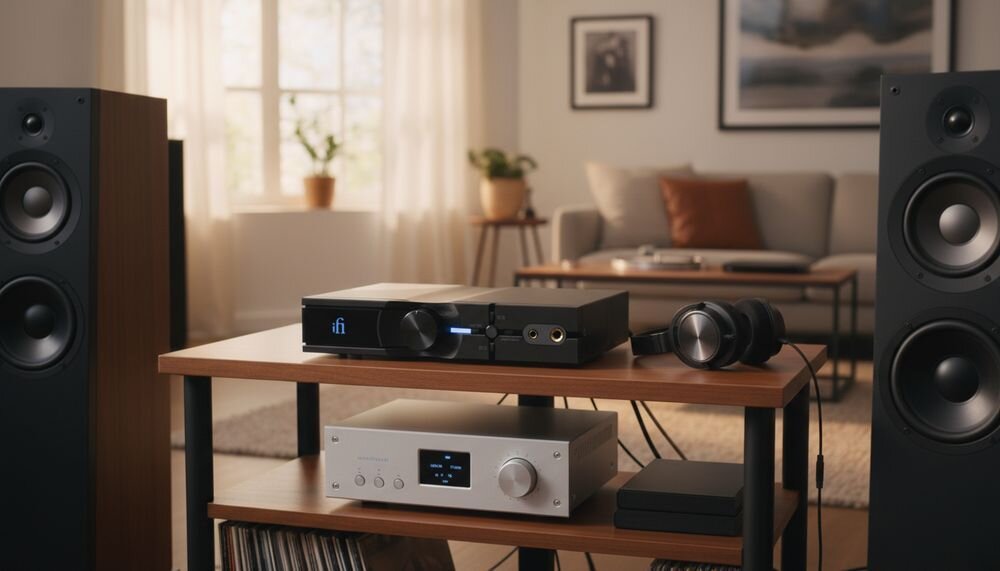 Przetwornik C/A IFI AUDIO Neo iDSD 3 czystość brzmienia muzykalność i ekspresja, urządzenie stojące na szafce w pomieszczeniu