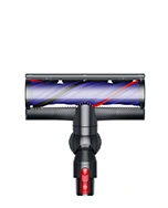 Na obrazie widoczna jest głowica odkurzacza z wałkiem w kolorze fioletowym i czerwonym. Elementy konstrukcji są czarne z czerwonym przyciskiem.