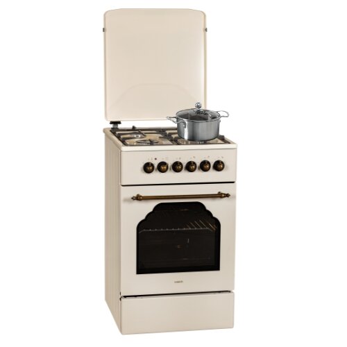 Na obrazie widoczna jest kuchnia gazowa w kolorze kremowym z czterema pokrętłami i piekarnikiem. Na płycie grzewczej stoi srebrny garnek z pokrywką.