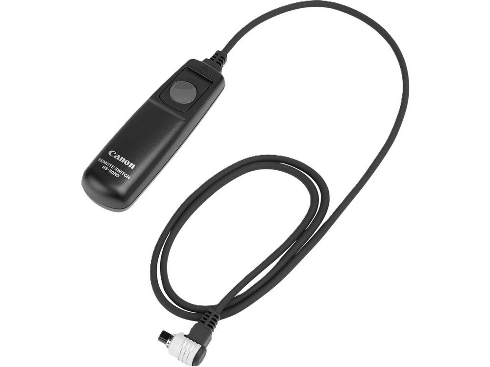 Na obrazie znajduje się czarny wężyk spustowy z przyciskiem i długim kablem. Na urządzeniu widoczny jest napis: \'Canon Remote Switch RS-80N3\'.