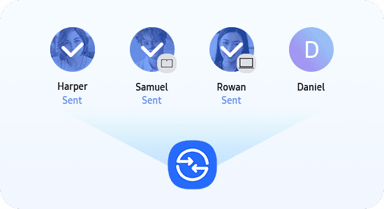 Obraz przedstawia cztery okrągłe ikony z imionami: Harper, Samuel, Rowan i Daniel. Pod ikonami znajduje się niebieska ikona z symbolem dwóch strzałek tworzących okrąg.