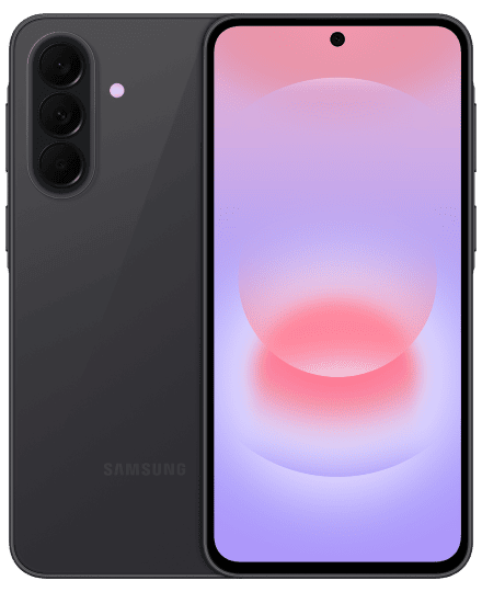 Smartfon z dużym ekranem, na którym widoczny jest gradientowy motyw w odcieniach różu i fioletu. Z tyłu urządzenia znajdują się trzy kamery oraz logo \'SAMSUNG\'.