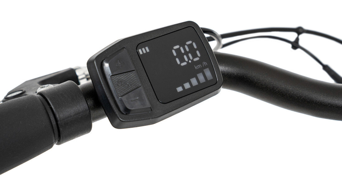Rower elektryczny ROMET PROECO Easy Higs Step 2819OEM190-A U19 28 cali Brązowy Zbliżenie na wyświetlacz roweru elektrycznego z widocznym odczytem \'0.0 km/h\'. Obok wyświetlacza znajdują się przyciski z oznaczeniami \'+\' i \'-\'.