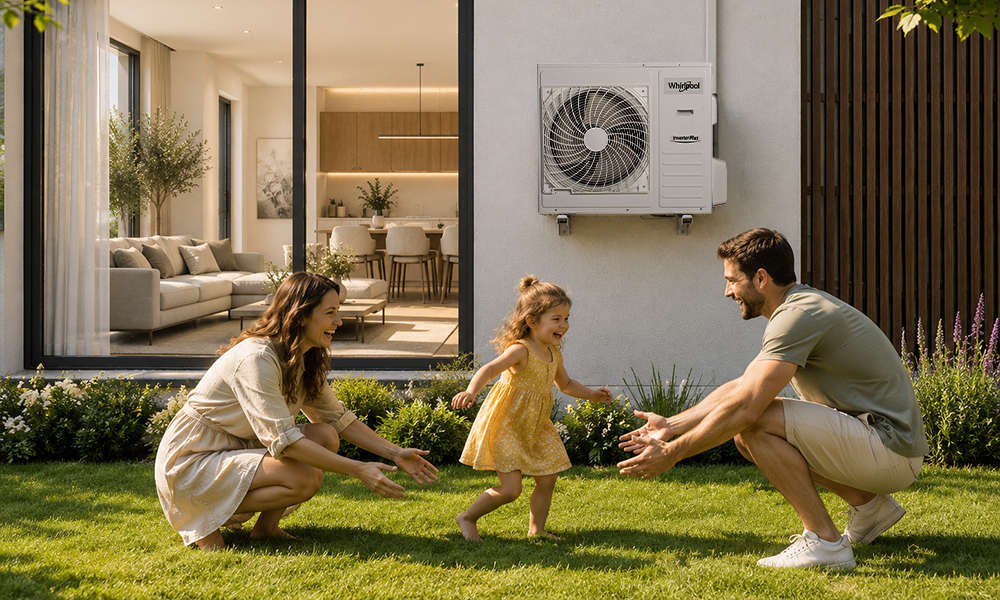Na ścianie budynku zamontowany jest klimatyzator z widocznym logo \'Whirlpool\'. W tle widać wnętrze domu z nowoczesnym wystrojem, a na trawniku bawią się trzy osoby.