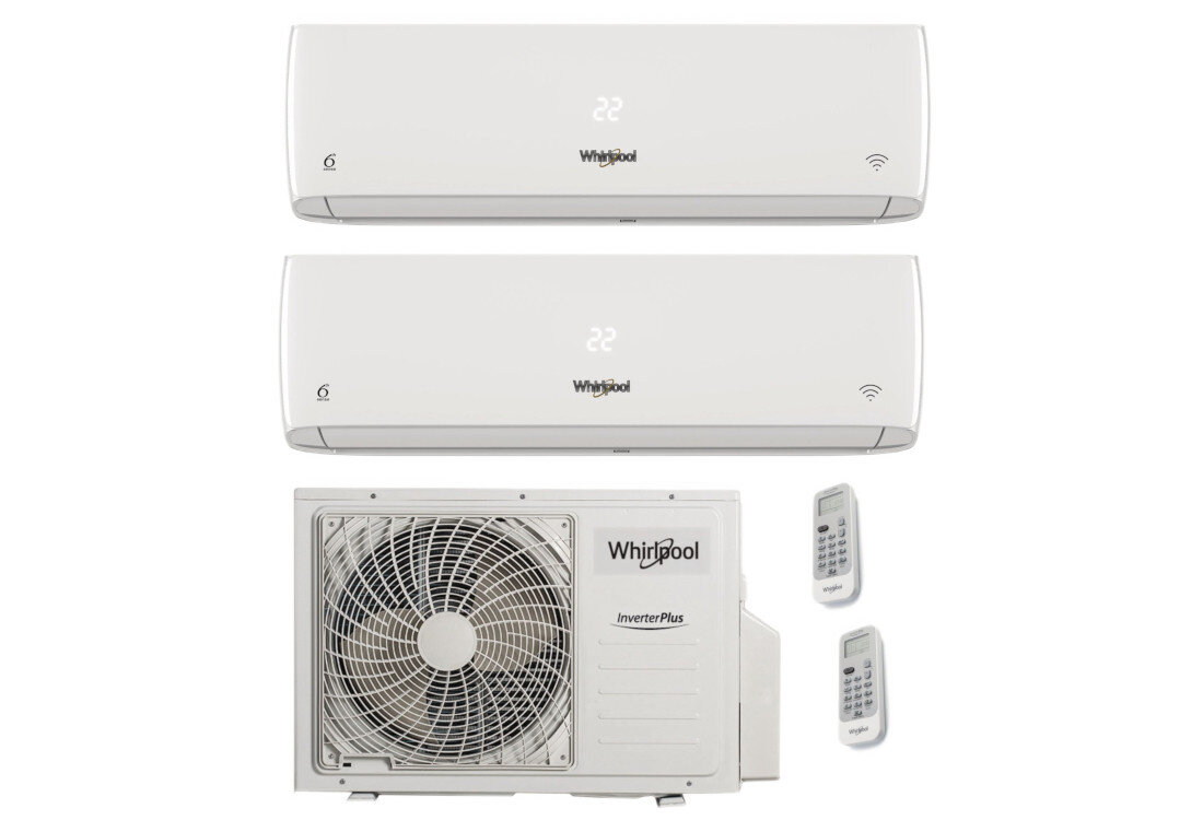 Na obrazie widoczne są dwa białe klimatyzatory ścienne z wyświetlaczem oraz jednostka zewnętrzna z logo Whirlpool i napisem \'Inverter Plus\'. Obok znajdują się dwa piloty zdalnego sterowania.