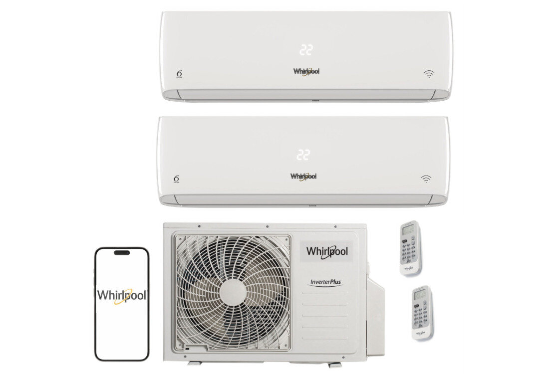 Na obrazie widoczne są dwa białe klimatyzatory ścienne, jednostka zewnętrzna z logo \'Whirlpool Inverter Plus\', dwa piloty oraz smartfon z logo \'Whirlpool\'.
