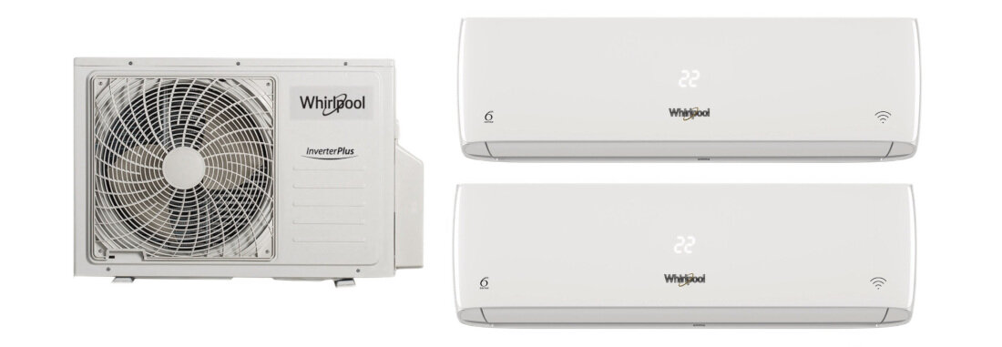 Na obrazie widoczny jest zestaw klimatyzatora składający się z jednostki zewnętrznej i dwóch jednostek wewnętrznych. Na jednostkach widoczne jest logo \'Whirlpool\'.
