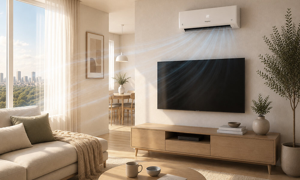 W jasnym, nowoczesnym salonie na ścianie zamontowany jest klimatyzator z logo Whirlpool, z którego wydobywa się strumień powietrza. Pod klimatyzatorem znajduje się duży telewizor na drewnianej szafce, a obok stoi roślina w doniczce.