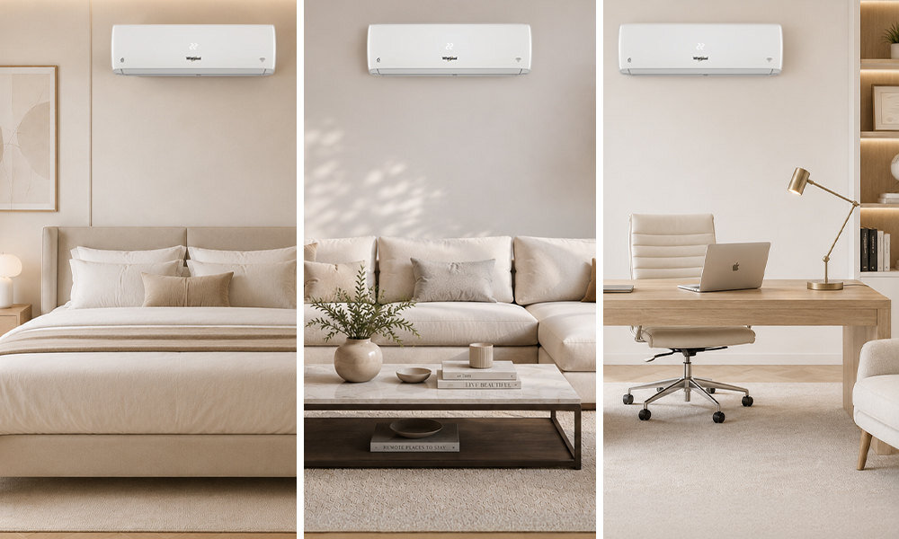 Trzy pomieszczenia z zamontowanymi na ścianach klimatyzatorami marki Whirlpool. Każde pomieszczenie jest elegancko urządzone, z łóżkiem, sofą i biurkiem.