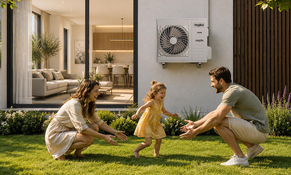 Na ścianie budynku zamontowany jest klimatyzator z widocznym logo \'Whirlpool\'. W tle widać wnętrze domu z salonem i kuchnią.