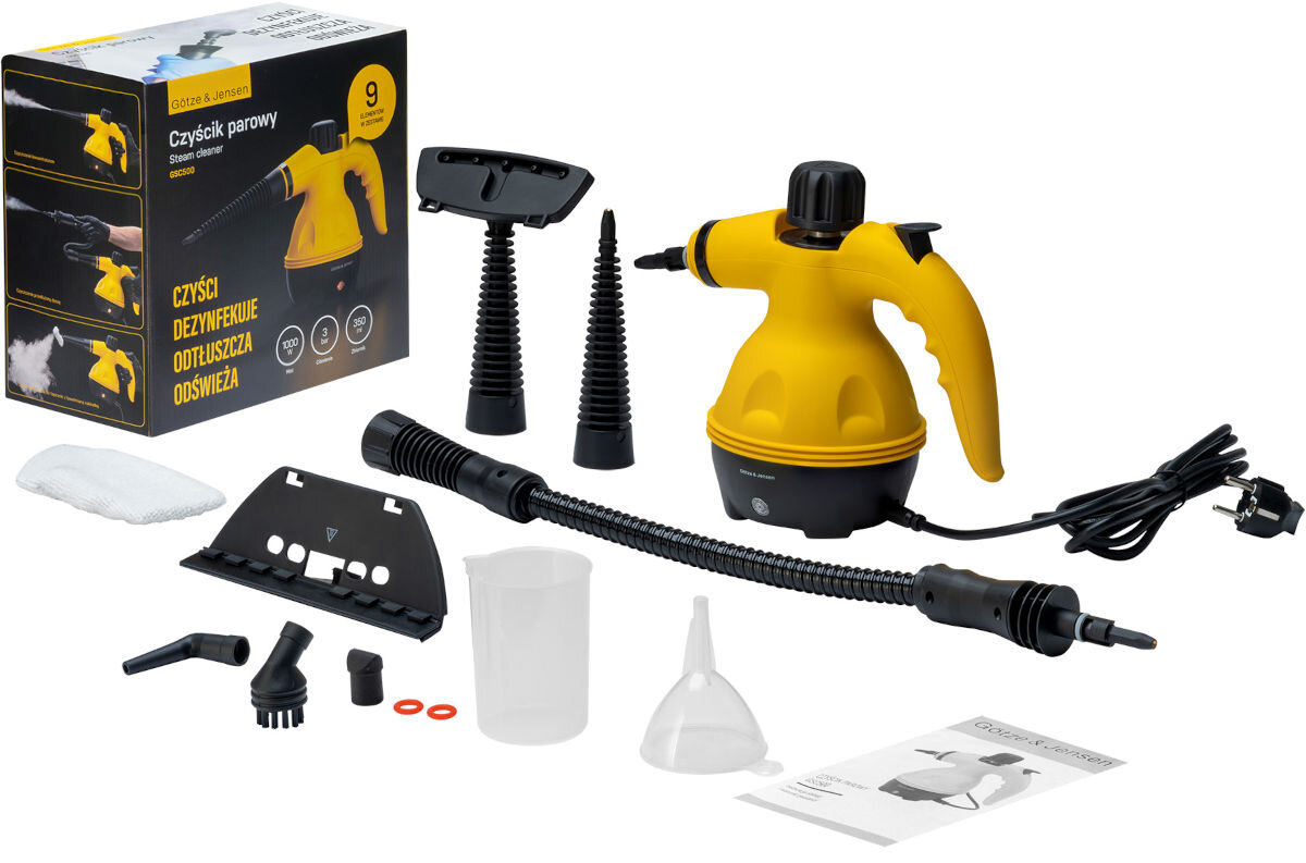 Na obrazie znajduje się żółty czyścik parowy z różnymi akcesoriami, takimi jak dysze, szczotki, lejek i miarka. Obok widoczny jest karton z napisem \'Czyścik parowy\', \'Czyści\', \'Dezynfekuje\', \'Odtłuszcza\', \'Odświeża\'.
