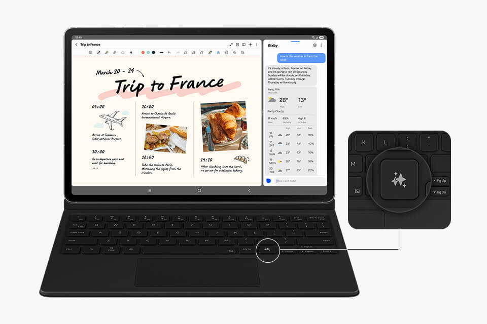 Tablet z klawiaturą wyświetla notatkę zatytułowaną \'Trip to France\' oraz prognozę pogody. Obok znajduje się panel z przyciskami funkcyjnymi.