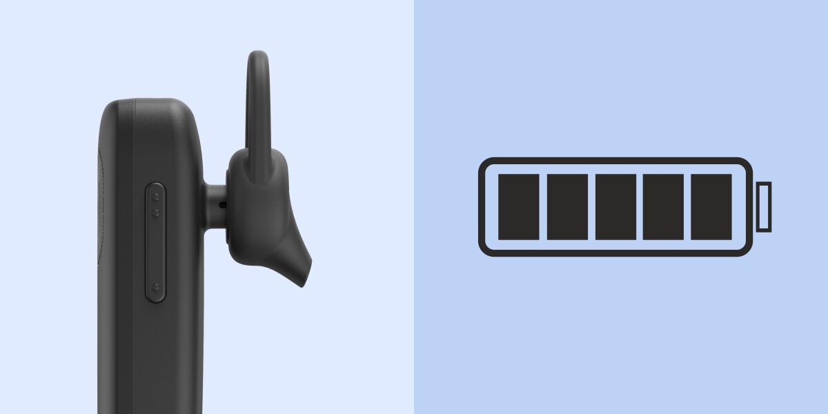 Po lewej stronie widoczna jest czarna słuchawka z przyciskiem, a po prawej ikona baterii z pięcioma segmentami na niebieskim tle.