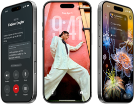 3 modele iPhone’a&nbsp;17&nbsp;Pro, przód, ustawione obok siebie urządzenia prezentują iOS&nbsp;26, efekt Liquid Glass i funkcję Apple&nbsp;Intelligence
